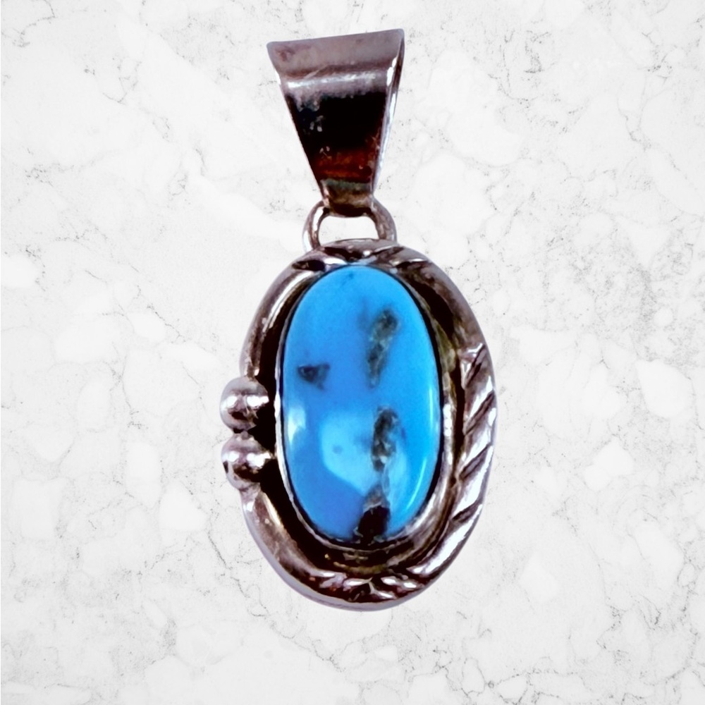 Vintage Susie Lee 925 Sterling Silver Oval Blue Turquoise Pendant Southwest